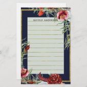 Rustieke Herfst Marsala Floral Navy Blue Modern Cu Briefpapier (Voorkant / Achterkant)