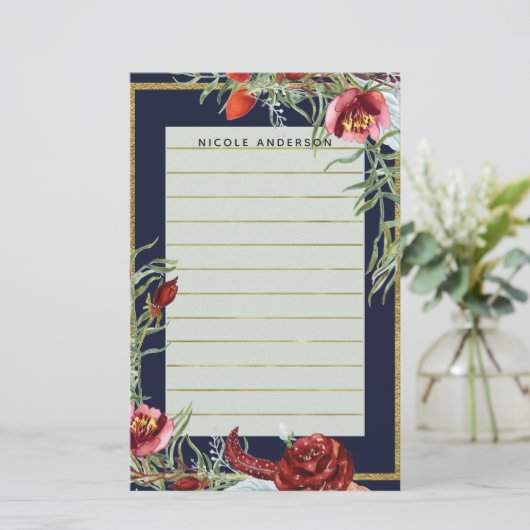 Rustieke Herfst Marsala Floral Navy Blue Modern Cu Briefpapier (Staand voorkant)