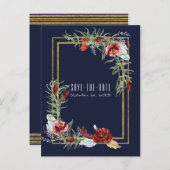 Rustieke Herfst Marsala Floral Navy Blue Save the  Aankondigingskaart (Voorkant / Achterkant)