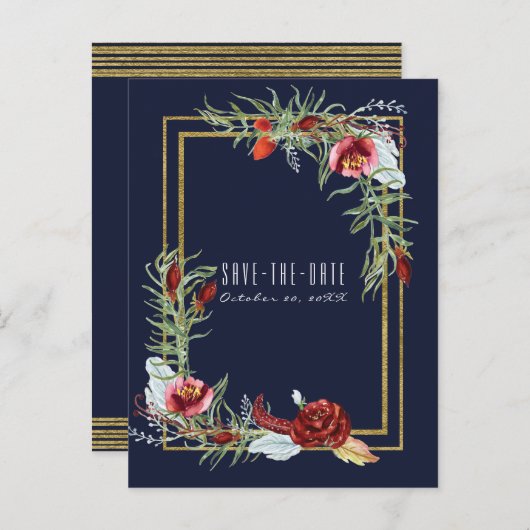 Rustieke Herfst Marsala Floral Navy Blue Save the Aankondigingskaart (Voorkant / Achterkant)