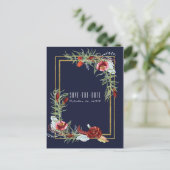 Rustieke Herfst Marsala Floral Navy Blue Save the  Aankondigingskaart (Staand voorkant)