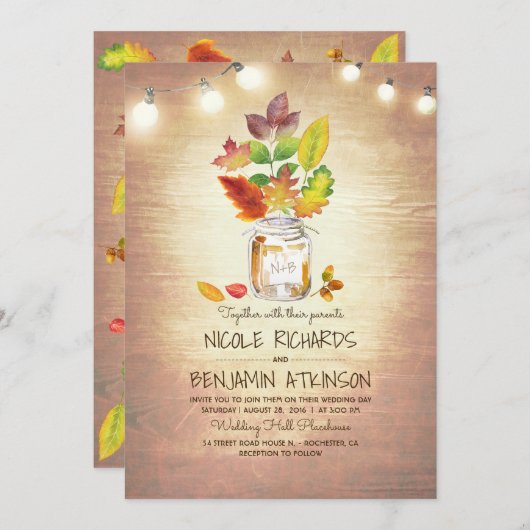 Rustieke Herfst Mason Jar en String Lights Wedding Kaart (Voorkant / Achterkant)