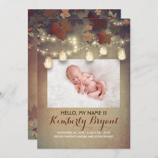 Rustieke Herfst Mason Jar Lights Baby Foto Geboort Aankondiging (Voorkant / Achterkant)