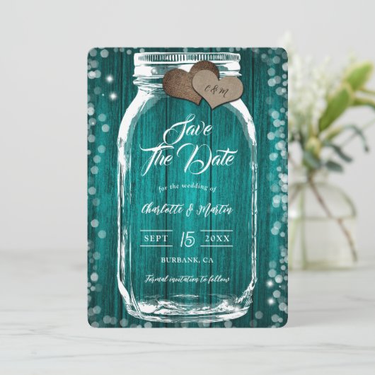 Rustieke Herfst Mason Jar Wood Blauwgroen bruiloft Save The Date (Staand voorkant)