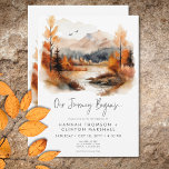 Rustieke Herfst Mountain Scene Waterverf bruiloft Kaart<br><div class="desc">Ontsnap naar een serene herfst berg retraite met uw huwelijksuitnodiging. Dit prachtige ontwerp toont een adembenemend waterverf schilderij van een majestueuze berg, omringd door herfsten versierd met bladerdak, hun schoonheid flankeert de serene wateren. De gedempte natuurlijke tinten van bruin, bruin, roest, goud en grijs creëer hebben een tijdloze en verfijnde...</div>