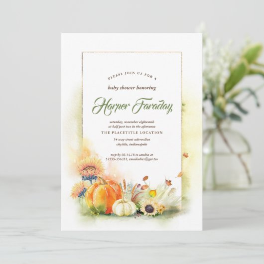 Rustieke Herfst Oogst Pompoen Zonnebloem Baby show Kaart (Staand voorkant)