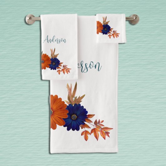 Rustieke Herfst Oranje Navy Blauwe Bloemen Bad Handdoek