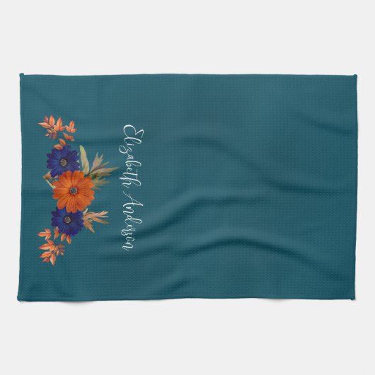 Rustieke Herfst Oranje Navy Blauwe Bloemen Theedoek (Horizontaal)
