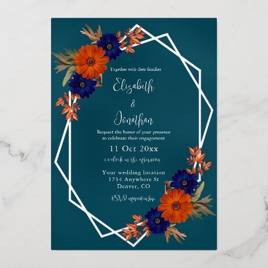 Rustieke herfst Oranje Navy Blue Floral Verloving Folie Uitnodiging (Voorkant)