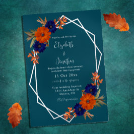 Rustieke herfst Oranje Navy Blue Floral Verloving Folie Uitnodiging