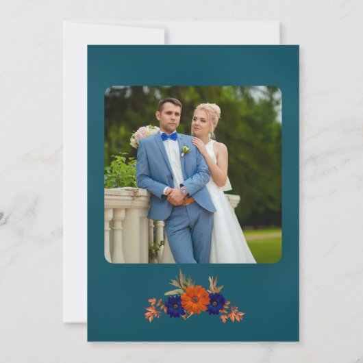 Rustieke Herfst Oranje Navy Blue Floral Wedding Bedankkaart (Achterkant)