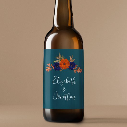 Rustieke Herfst Oranje Navy Blue Floral Wedding Bier Etiket