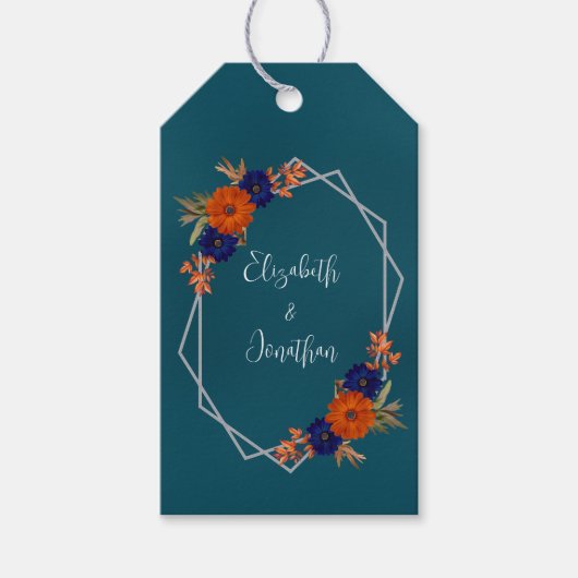 Rustieke Herfst Oranje Navy Blue Floral Wedding Cadeaulabel (Voorkant)