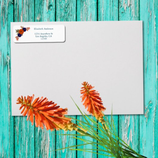 Rustieke Herfst Oranje Navy Blue Floral Wedding Etiket