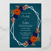 Rustieke Herfst Oranje Navy Blue Floral Wedding Folie Uitnodiging (Voorkant)