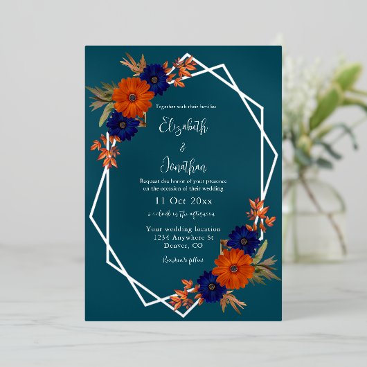 Rustieke Herfst Oranje Navy Blue Floral Wedding Folie Uitnodiging (Staand Voorkant)