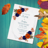 Rustieke Herfst Oranje Navy Blue Floral Wedding Folie Uitnodiging