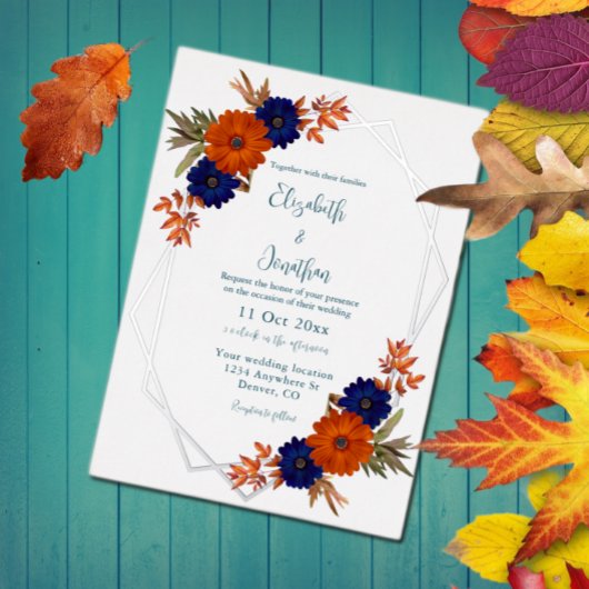 Rustieke Herfst Oranje Navy Blue Floral Wedding Folie Uitnodiging