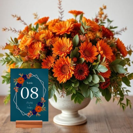 Rustieke Herfst Oranje Navy Blue Floral Wedding Kaart