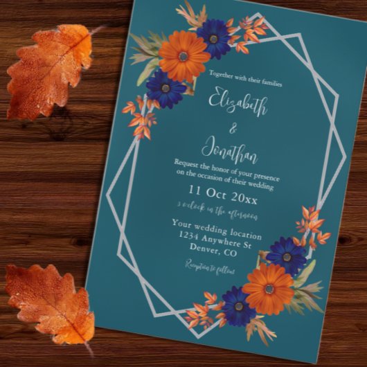 Rustieke Herfst Oranje Navy Blue Floral Wedding Kaart
