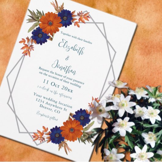 Rustieke Herfst Oranje Navy Blue Floral Wedding Kaart