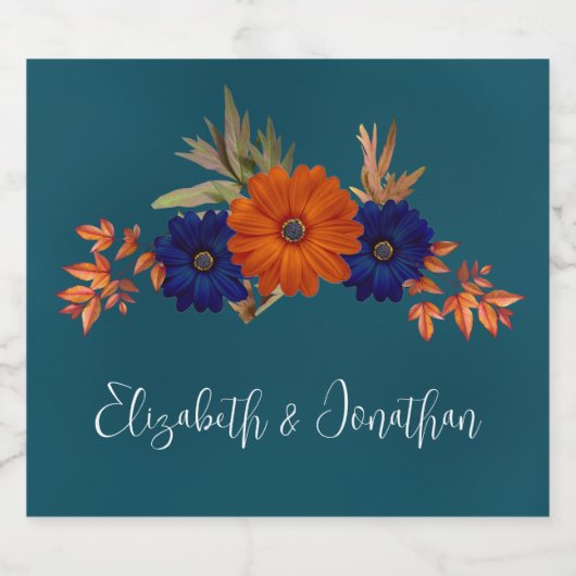 Rustieke Herfst Oranje Navy Blue Floral Wedding Likeurfles Etiket (Enkel label)