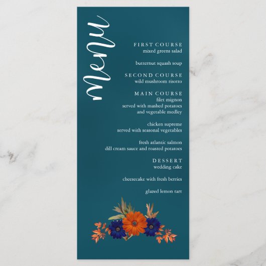 Rustieke Herfst Oranje Navy Blue Floral Wedding Menu (Voorkant)