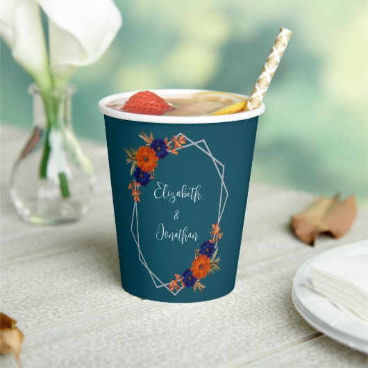 Rustieke Herfst Oranje Navy Blue Floral Wedding Papieren Bekers (Insitu)