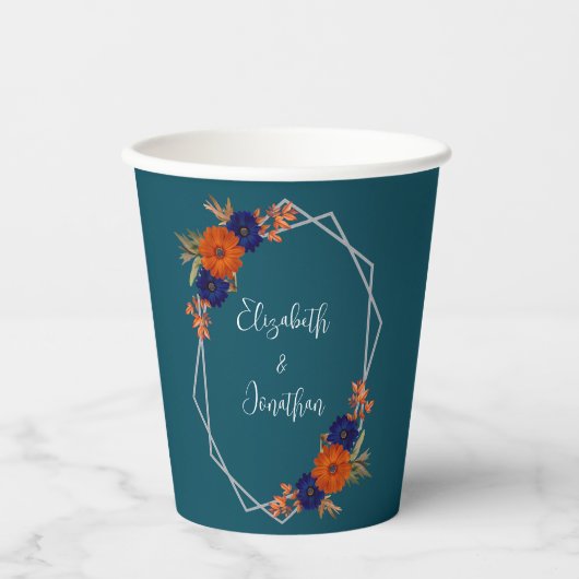 Rustieke Herfst Oranje Navy Blue Floral Wedding Papieren Bekers (Voorkant)