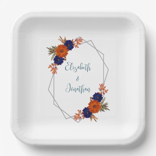 Rustieke Herfst Oranje Navy Blue Floral Wedding Papieren Bordje (Voorkant)