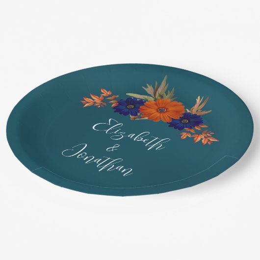Rustieke Herfst Oranje Navy Blue Floral Wedding Papieren Bordje (Gekanteld)