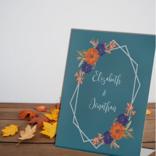 Rustieke Herfst Oranje Navy Blue Floral Wedding Reclamebord Met Voetstuk