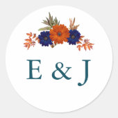 Rustieke Herfst Oranje Navy Blue Floral Wedding Ronde Sticker (Voorkant)