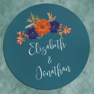 Rustieke Herfst Oranje Navy Blue Floral Wedding Ronde Sticker