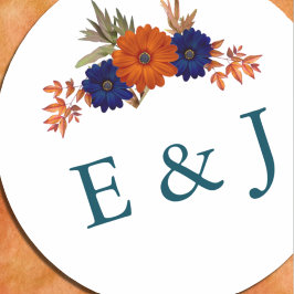 Rustieke Herfst Oranje Navy Blue Floral Wedding Ronde Sticker