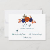 Rustieke Herfst Oranje Navy Blue Floral Wedding RSVP Kaartje (Voorkant)