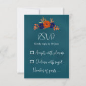 Rustieke Herfst Oranje Navy Blue Floral Wedding RSVP Kaartje (Voorkant)