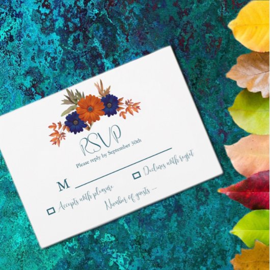 Rustieke Herfst Oranje Navy Blue Floral Wedding RSVP Kaartje