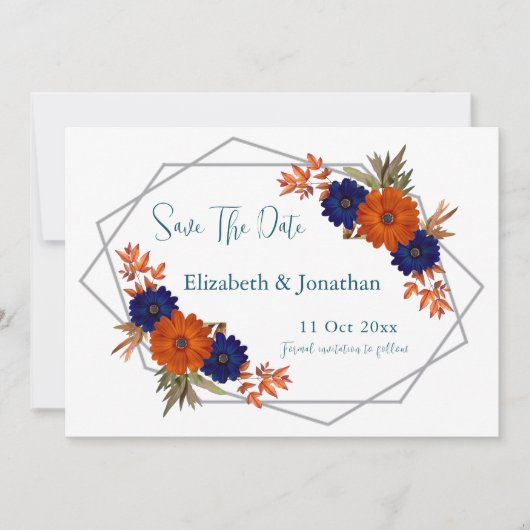 Rustieke Herfst Oranje Navy Blue Floral Wedding Save The Date (Voorkant)