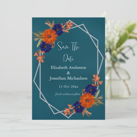 Rustieke Herfst Oranje Navy Blue Floral Wedding Save The Date (Staand voorkant)