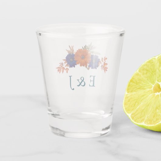 Rustieke Herfst Oranje Navy Blue Floral Wedding Shot Glas (Achterkant)