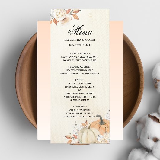 Rustieke herfst oranje pompoenen en bloemen menu