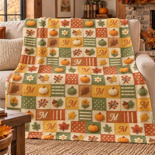 Rustieke Herfst Patchwork Pompoen Monogram Fleece Deken