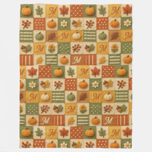 Rustieke Herfst Patchwork Pompoen Monogram Fleece Deken (Voorkant)