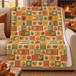 Rustieke herfst patchwork pompoen monogram sherpa deken
