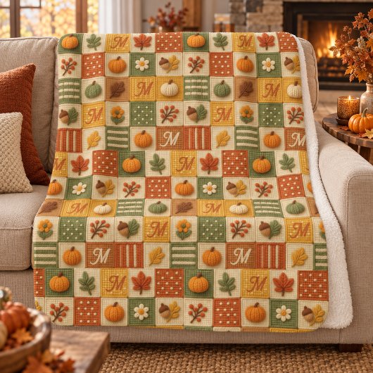 Rustieke herfst patchwork pompoen monogram sherpa deken
