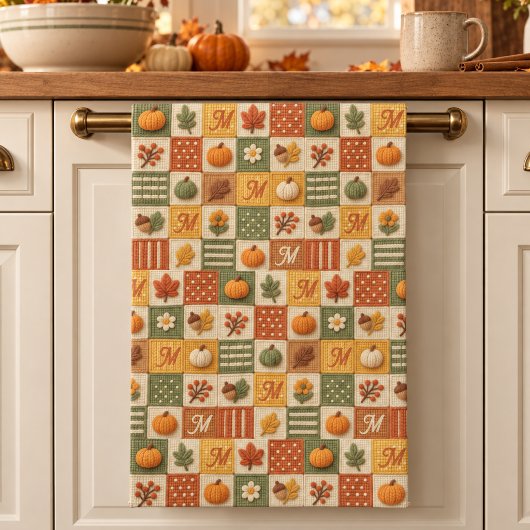 Rustieke herfst patchwork pompoen monogram theedoek
