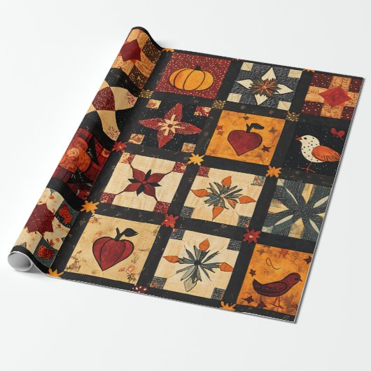 Rustieke herfst Patchwork Quilt patroon | boerderi Cadeaupapier (Uitgerold)