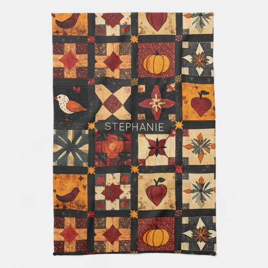 Rustieke herfst Patchwork Quilt patroon | boerderi Theedoek (Verticaal)