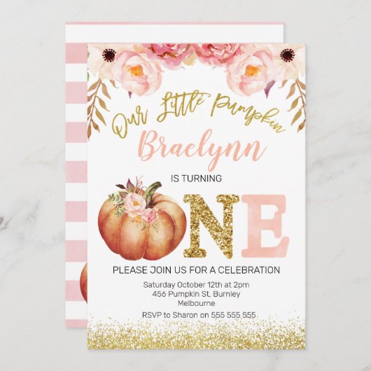 Rustieke Herfst Pompoen 1e verjaardag Uitnodiging (Voorkant / Achterkant)